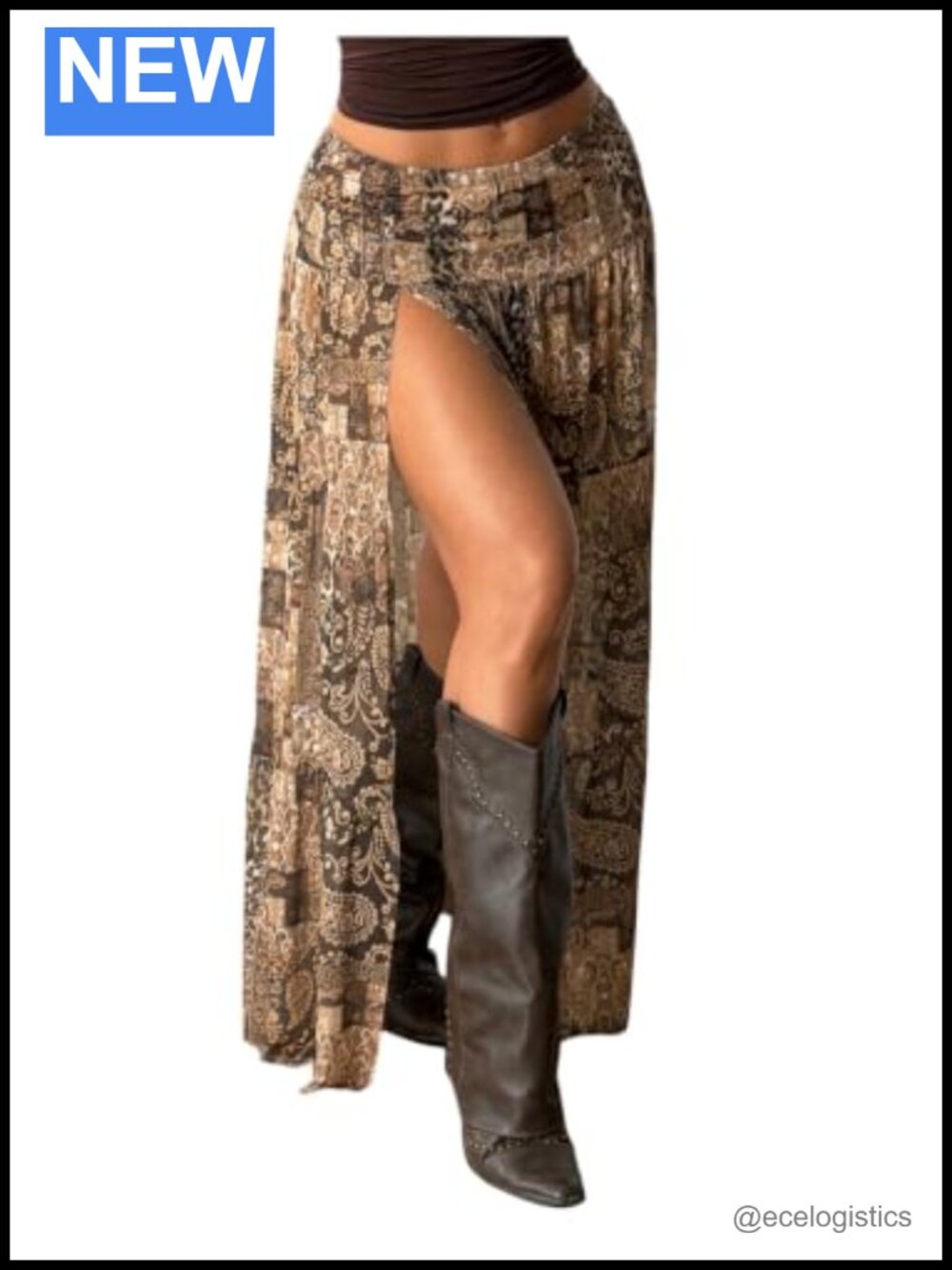 Boho High Slit Maxi Skirt Paisley Print Flowy Pull On